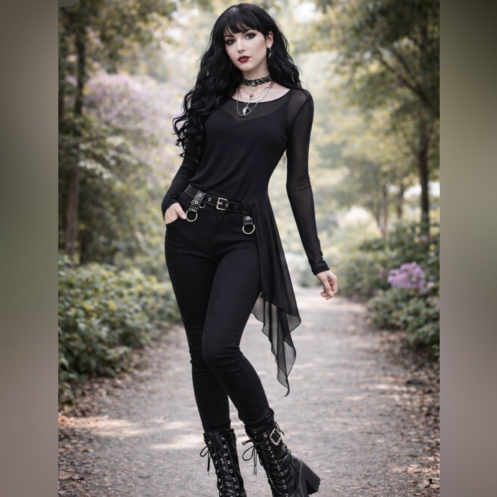 Sun Kim Black‎ Asymmetrical Women's sheer whimsigoth tunic top